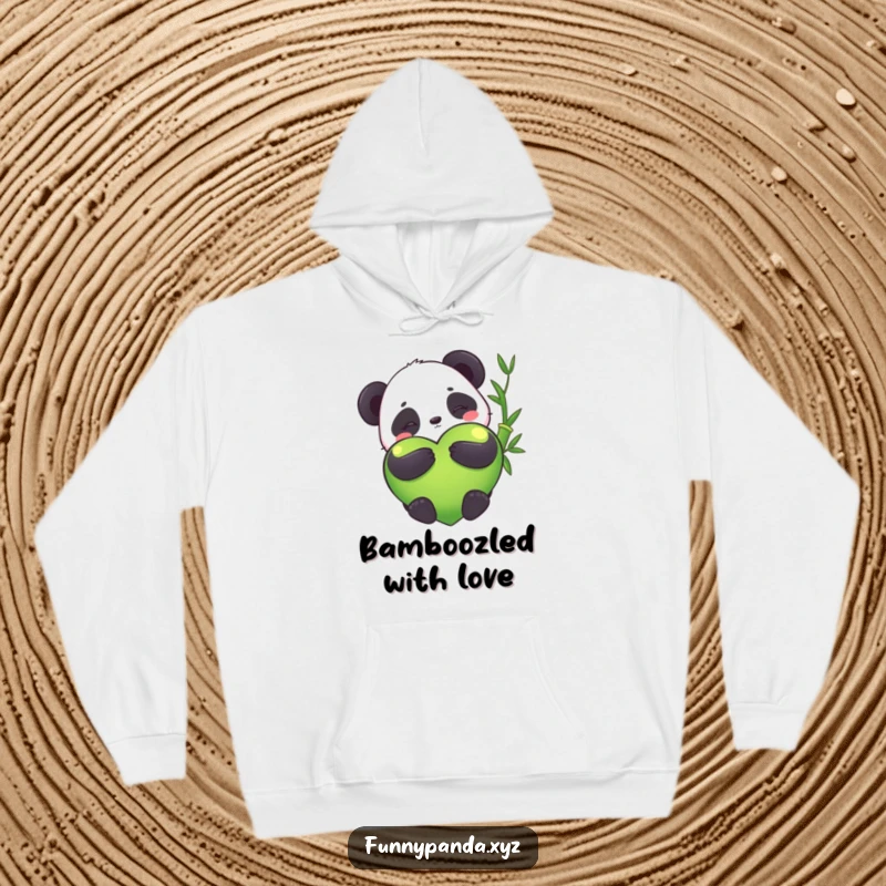 Funny kawaii panda hugging a giant bamboo heart, cozy hoodie, warm, comfortable, cute design, perfect funny gift.