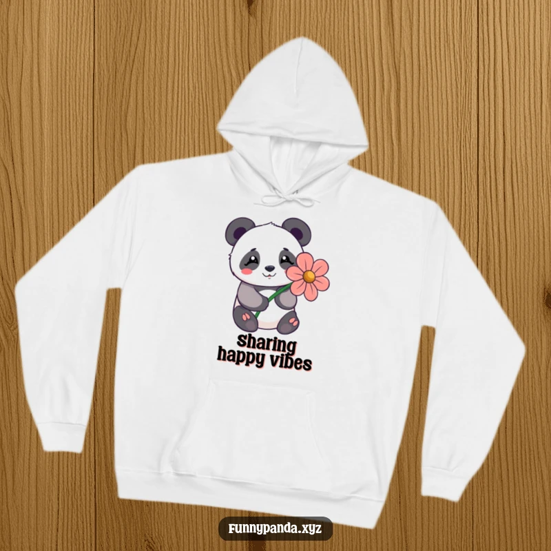 Funny kawaii panda shyly offering a large stylized flower with a happy expression, featured on a cozy hoodie.