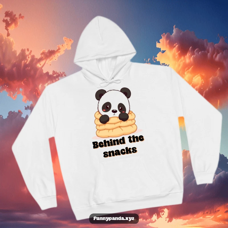 Funny panda hoodie showing a curious panda peeking from behind a towering stack of delicious dumplings, perfect for cozying up and snacking.
