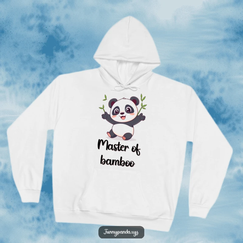 Funny panda hoodie showing a happy panda with wide eyes, expertly juggling three bright bamboo shoots, perfect for warmth and humor.