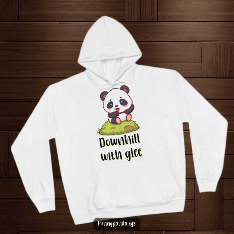 Funny chubby panda wearing a hoodie, enthusiastically rolling down a grassy hill, perfect for cozy humor.