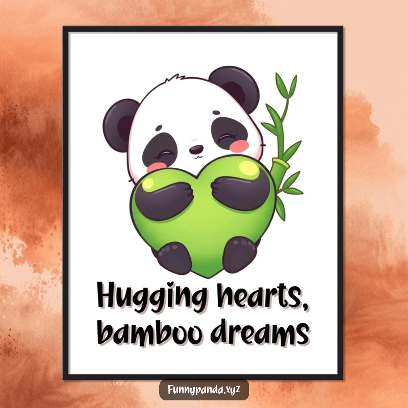 Funny Free Printable Wall Art: A sweet kawaii panda hugging a giant bamboo heart, radiating joy and humor.