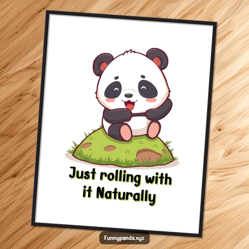 Funny Free Printable Wall Art: A chubby panda enthusiastically rolls down a small grassy hill.