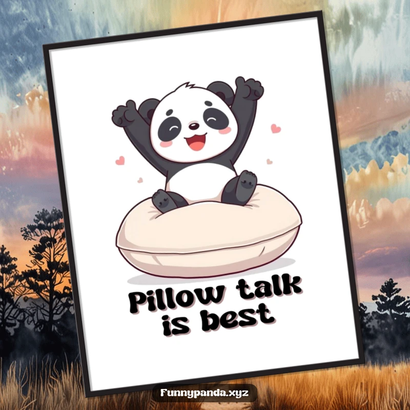 Funny free printable wall art of a happy panda comically bouncing with pure joy on an oversized, soft cushion.
