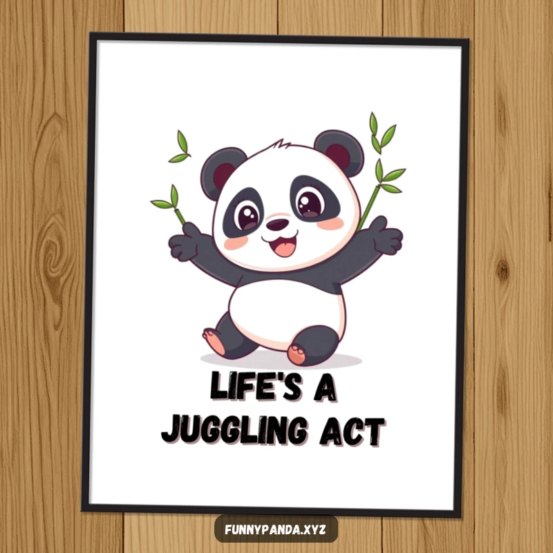 Funny free printable wall art of an excited panda juggling three vibrant bamboo shoots with wide, happy eyes.