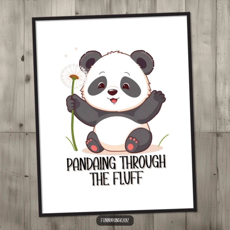 Funny Free Printable Wall Art: Delightful kawaii panda playfully swatting at floating, fluffy dandelion seeds, perfect for whimsical decor.
