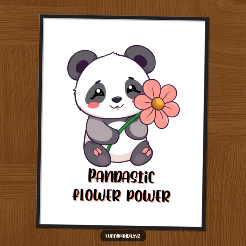 Funny Free Printable Wall Art: Shy kawaii panda with a happy expression offering a large, stylized flower, perfect for gentle decor.