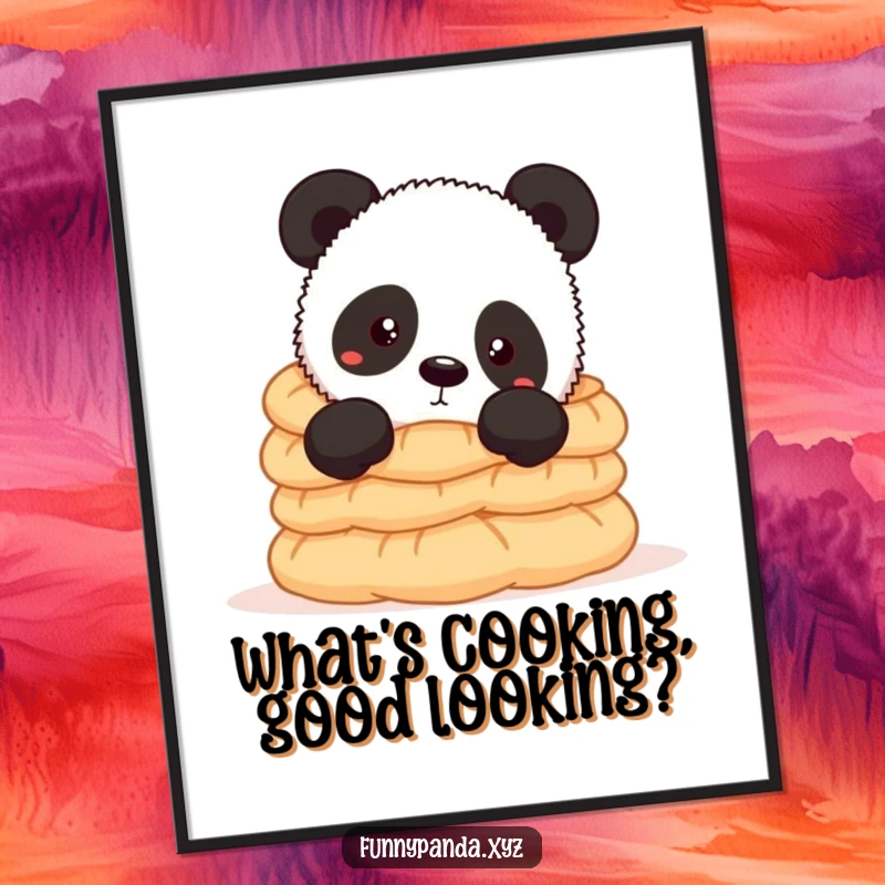 Funny free printable wall art featuring a curious panda with wide eyes peeking from behind a massive stack of dumplings.