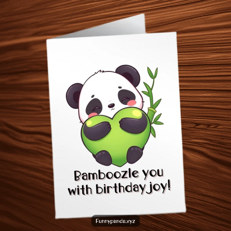Funny Free Printable Birthday Card: Kawaii panda joyfully hugging a giant bamboo heart, spreading birthday cheer.