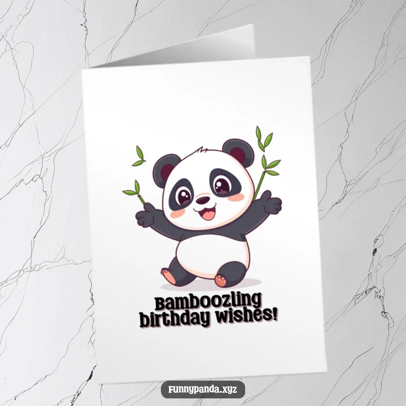 Funny free printable birthday card with a wide-eyed panda comically juggling green bamboo shoots, perfect for celebrations.