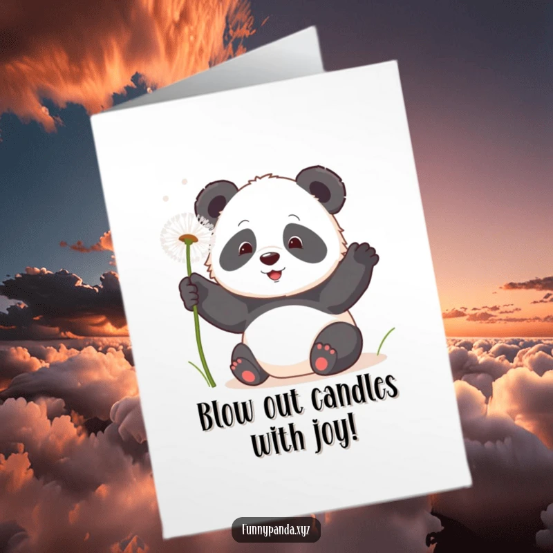 Funny Free Printable Birthday Card: Delightful kawaii panda playfully swatting at floating, fluffy dandelion seeds on their birthday.