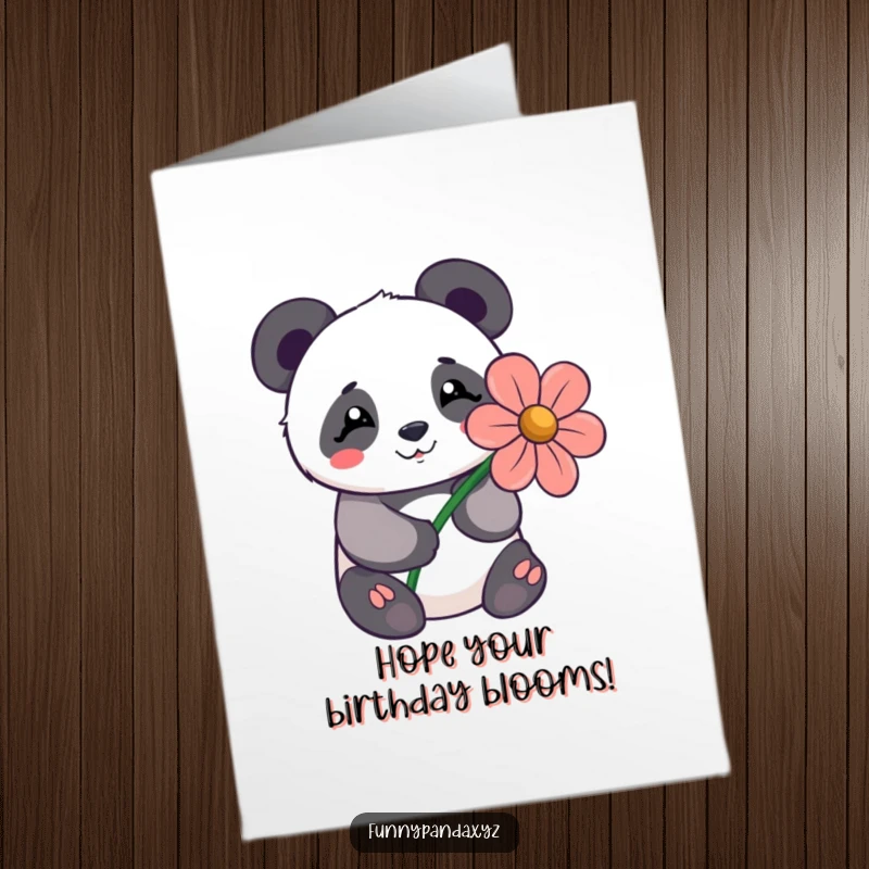 Funny Free Printable Birthday Card: Shy kawaii panda happily offering a big, stylized flower for your birthday.