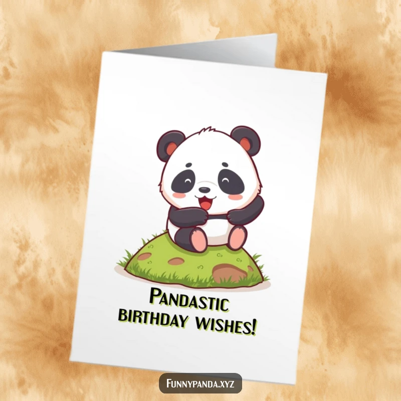 Funny Free Printable Birthday Card: A chubby panda enthusiastically rolls down a small grassy hill, full of glee.
