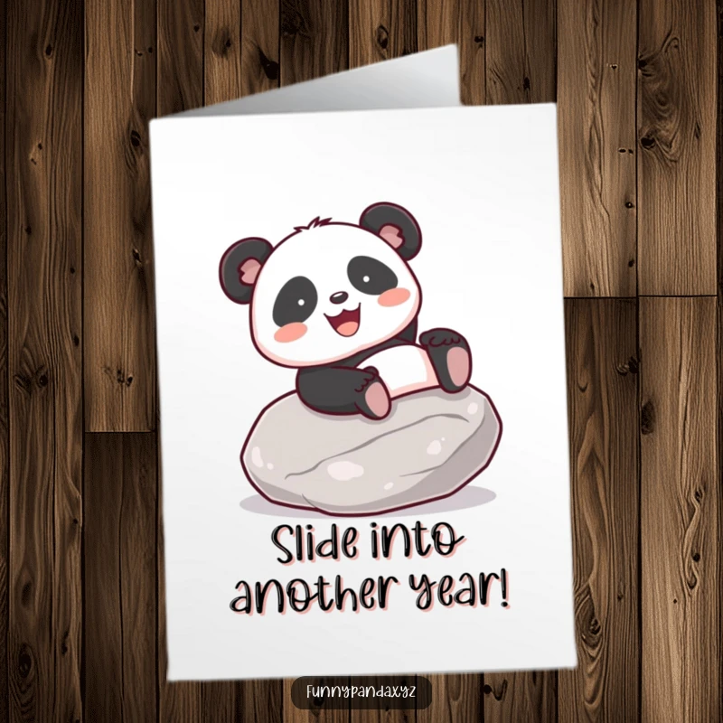 Funny Free Printable Birthday Card: Joyful kawaii panda gleefully sliding down a smooth, polished stone with a big smile.