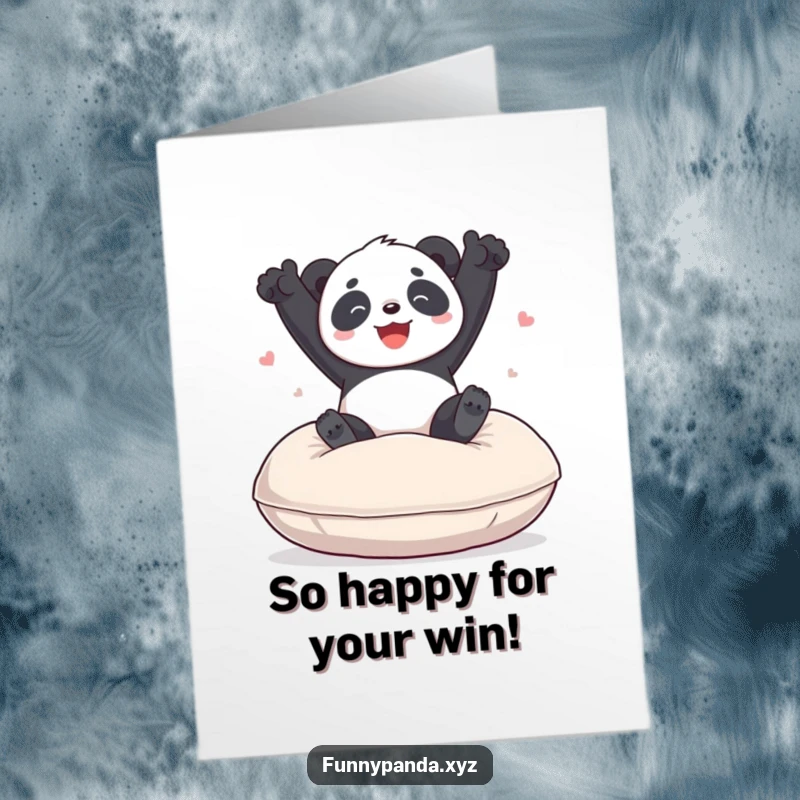 Funny free printable congratulations card showing a playful panda gleefully bouncing on a giant cushion, spreading happiness.