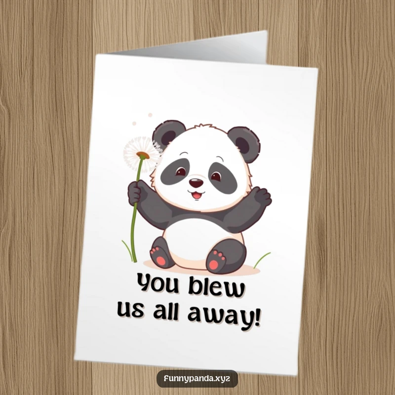Funny Free Printable Congratulations Card: Playful kawaii panda swatting at fluffy dandelion seeds, celebrating their success.