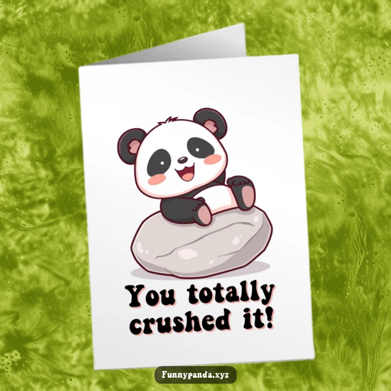 Funny Free Printable Congratulations Card: Happy kawaii panda gleefully sliding down a polished stone, celebrating their achievement.