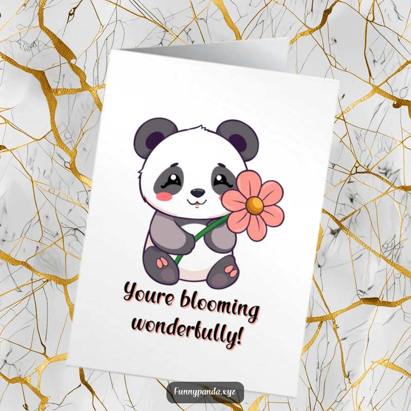 Funny Free Printable Congratulations Card: Shy kawaii panda with a happy expression offering a large, stylized flower to celebrate.