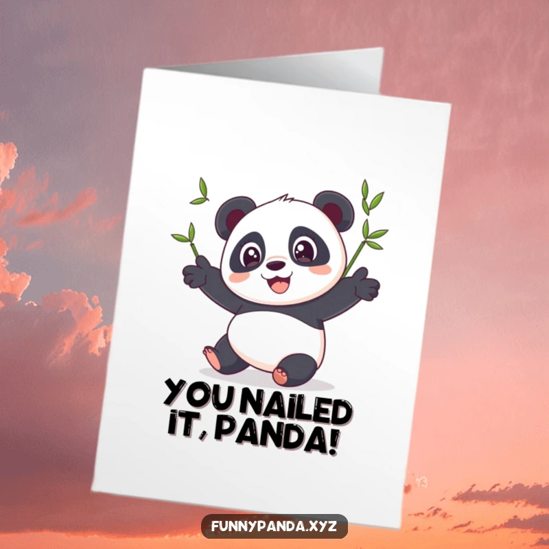 Funny free printable congratulations card showing a panda gleefully juggling bamboo, celebrating good news with humor.