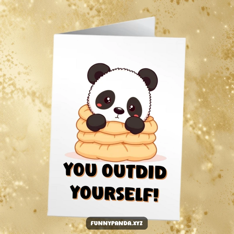 Funny free printable congratulations card showing a curious panda peeking from behind a mountain of tasty dumplings.