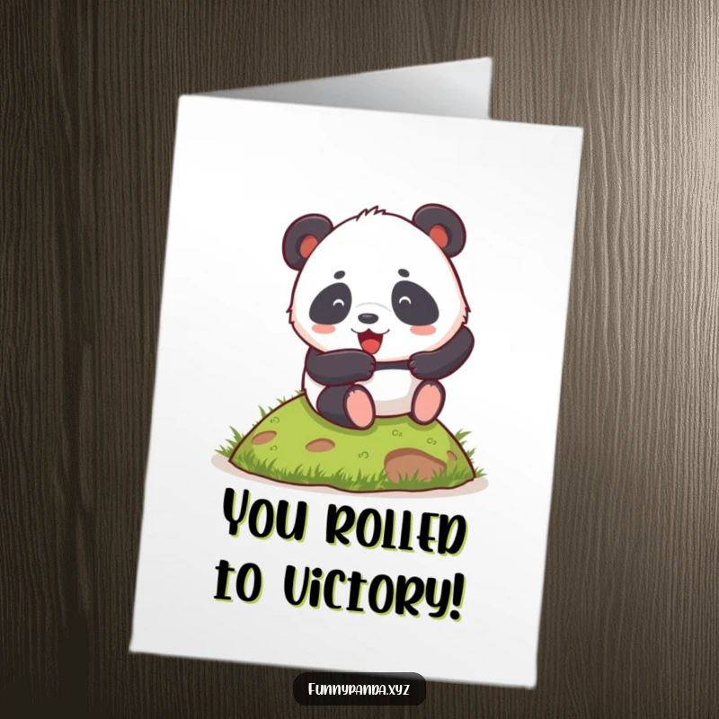 Funny Free Printable Congratulations Card: A chubby panda happily rolls down a grassy hill with excitement.