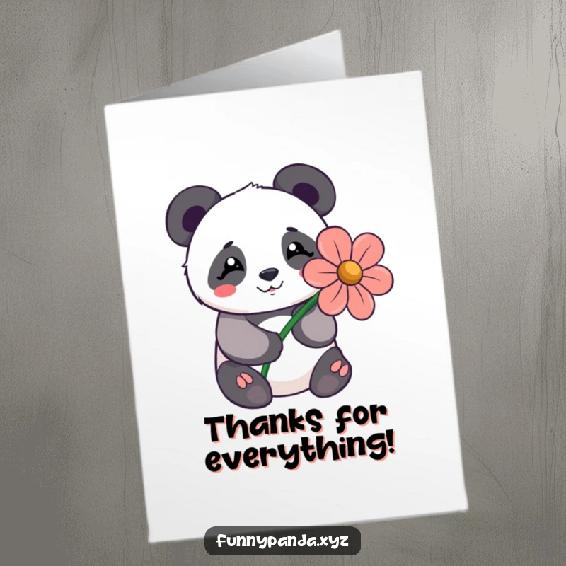 Funny Free Printable Thank You Card: Shy kawaii panda happily presenting a large, stylized flower as a token of thanks.