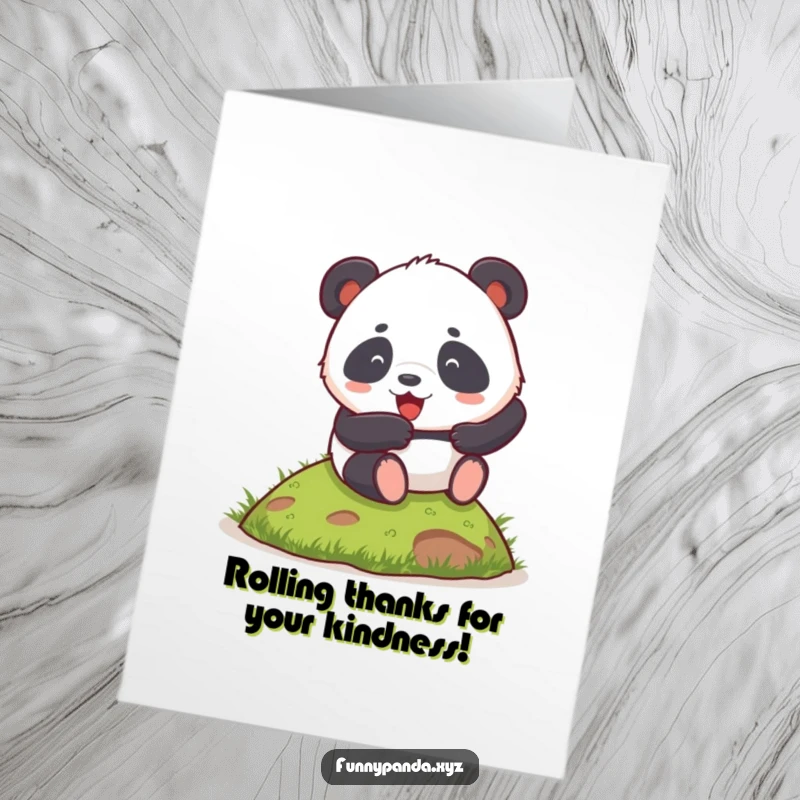 Funny Free Printable Thank You Card: A chubby panda enthusiastically rolls down a small grassy hill.