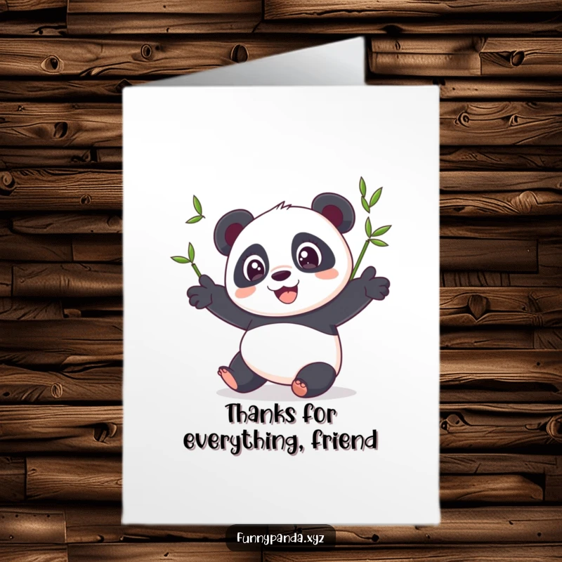 Funny free printable thank you card featuring a panda joyfully juggling bamboo, expressing heartfelt appreciation.