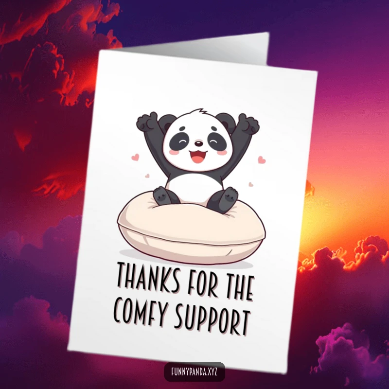 Funny free printable thank you card featuring a happy panda energetically bouncing on a large, plush cushion.
