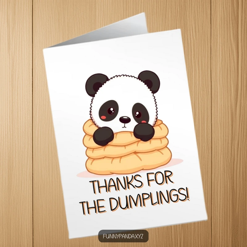 Funny free printable thank you card with a curious panda peeking out from a tall pile of delicious dumplings.
