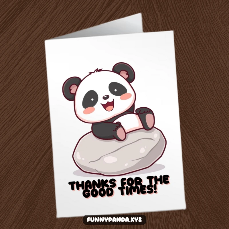 Funny Free Printable Thank You Card: Joyful kawaii panda sliding down a smooth stone, offering thanks with a happy expression.