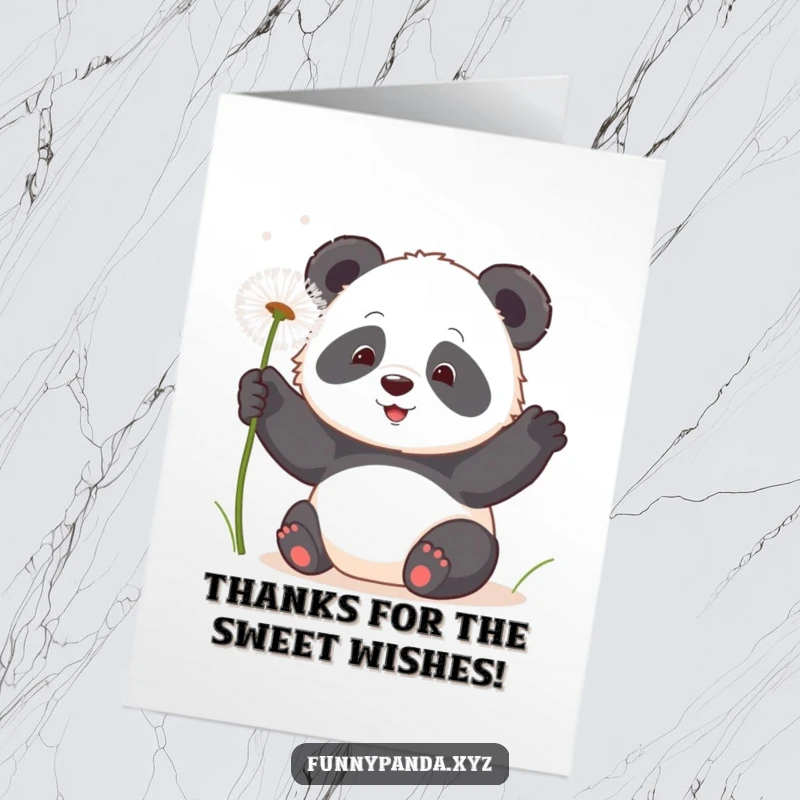 Funny Free Printable Thank You Card: Delightful kawaii panda playfully batting at fluffy dandelion seeds, sending thanks.