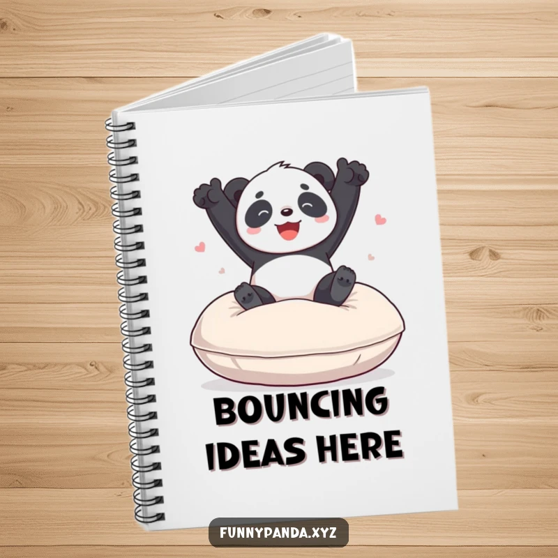 Funny panda notebook with a playful panda joyfully bouncing on a large, soft cushion, ideal for jotting down happy thoughts.