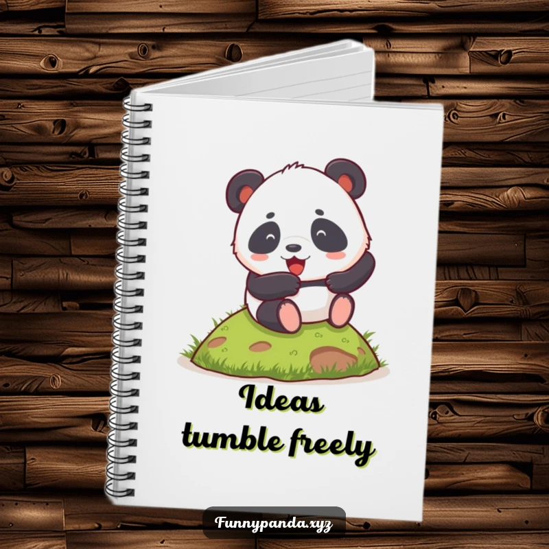 Funny chubby panda notebook, with a panda enthusiastically rolling down a grassy hill on the cover, ideal for notes.