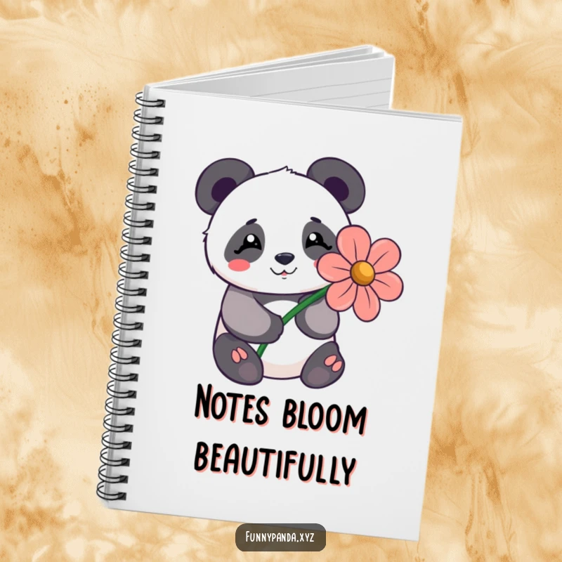 Shy kawaii panda offering a large stylized flower with a happy expression, on the cover of a gentle notebook.