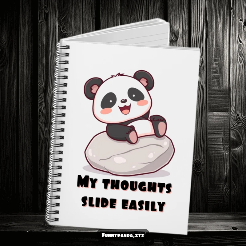 Funny kawaii panda gleefully sliding down a smooth stone, on the cover of a joyful notebook.