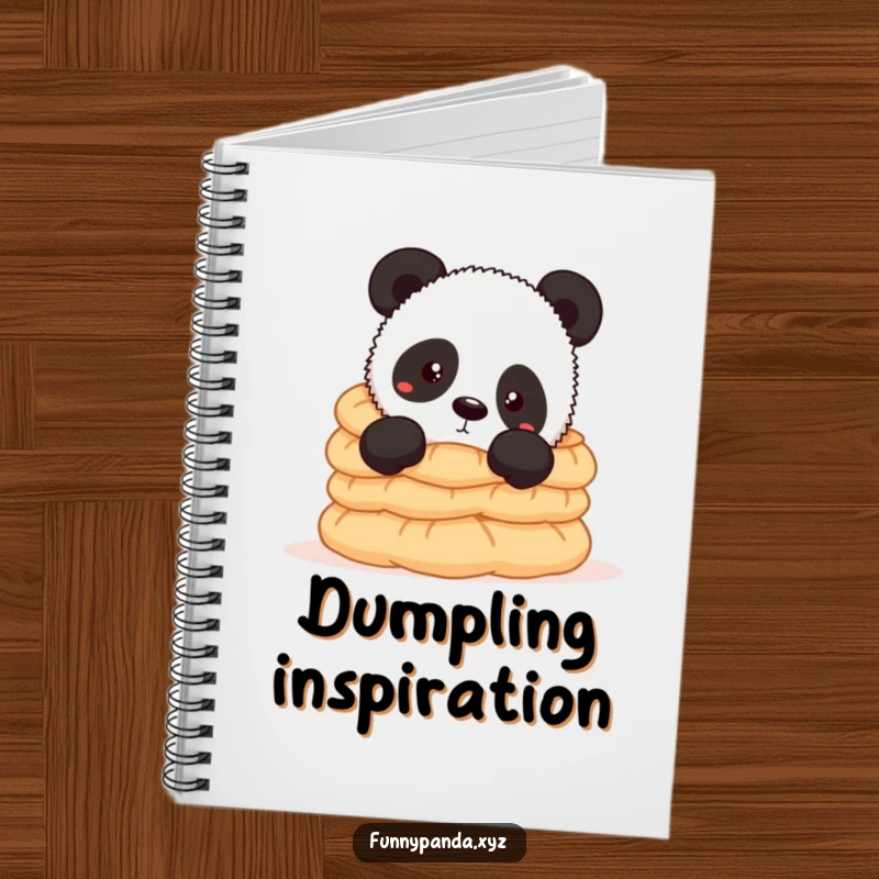 Funny panda notebook with a curious panda peeking over a stack of dumplings, ideal for jotting down delicious ideas and recipes.