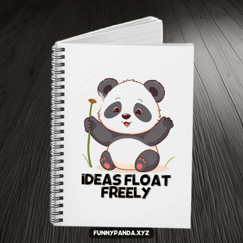 Delightful kawaii panda playfully swatting at fluffy dandelion seeds, on the cover of a whimsical notebook.