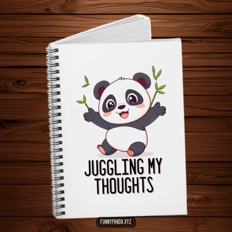 Funny panda notebook with a wide-eyed panda juggling three vibrant bamboo shoots, ideal for jotting down funny thoughts and ideas.