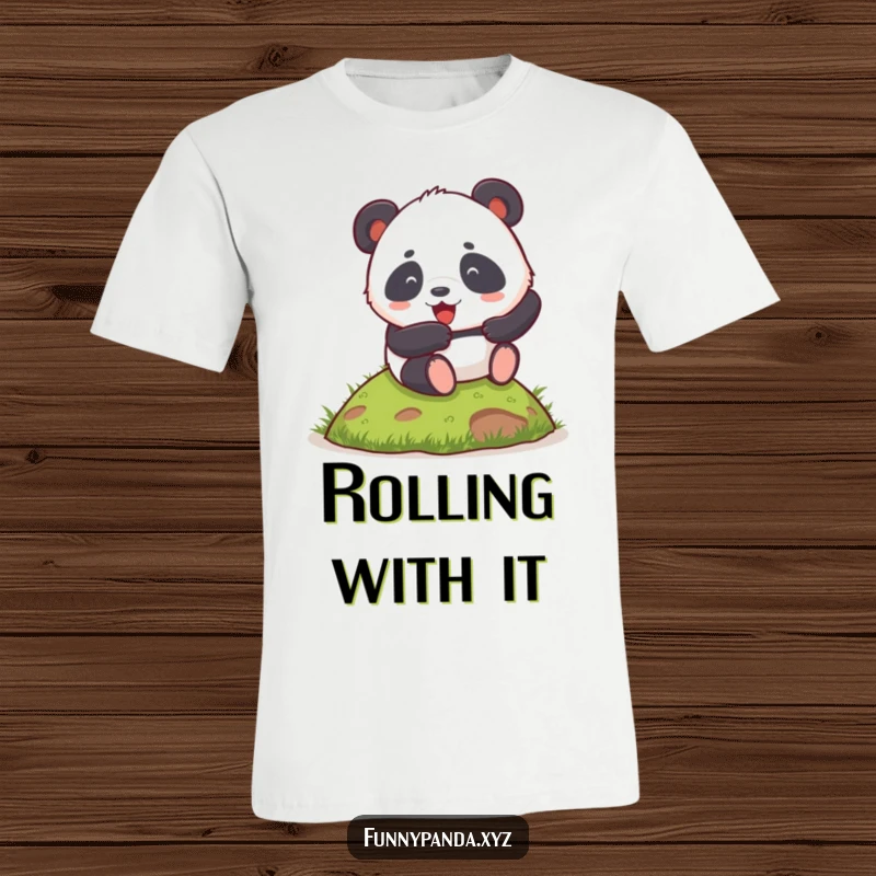 Funny chubby panda enthusiastically rolling down a small grassy hill, printed on a comfortable t-shirt for humorous appeal.