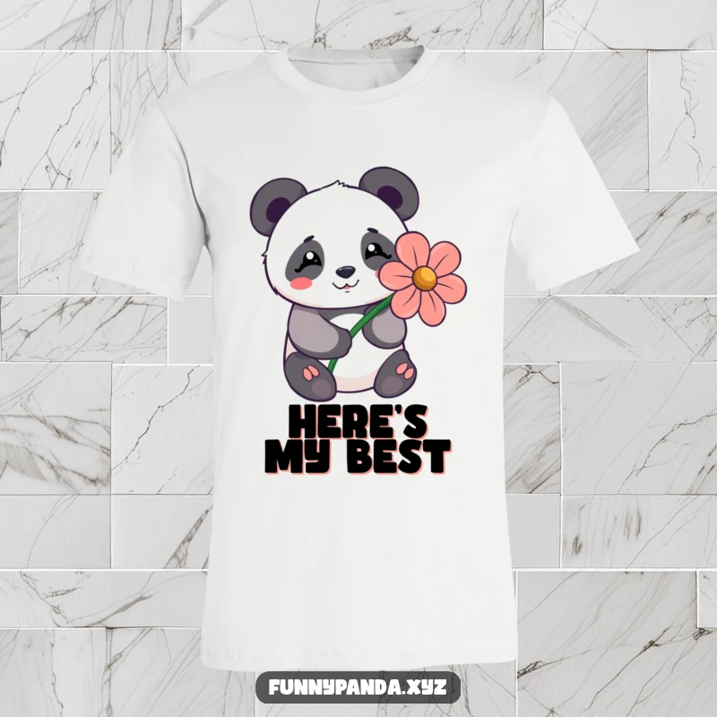 Shy kawaii panda with a happy smile offering a large, stylized flower, printed on a funny graphic tee.