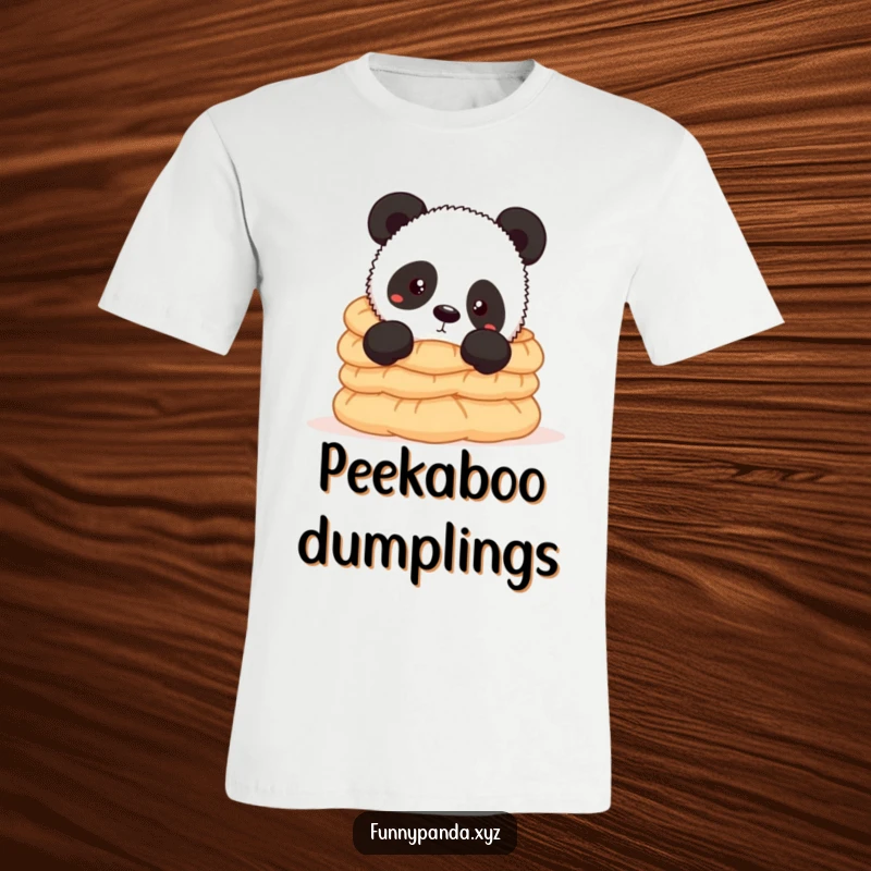 Funny panda t-shirt depicting a curious panda peeking over a tall pile of appetizing dumplings, ready for a delicious adventure.