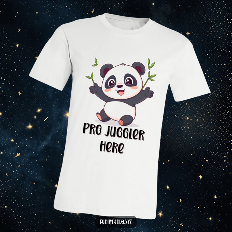 Funny panda t-shirt, wide-eyed and ecstatic, skillfully juggling three colorful bamboo shoots with comical concentration and flair.