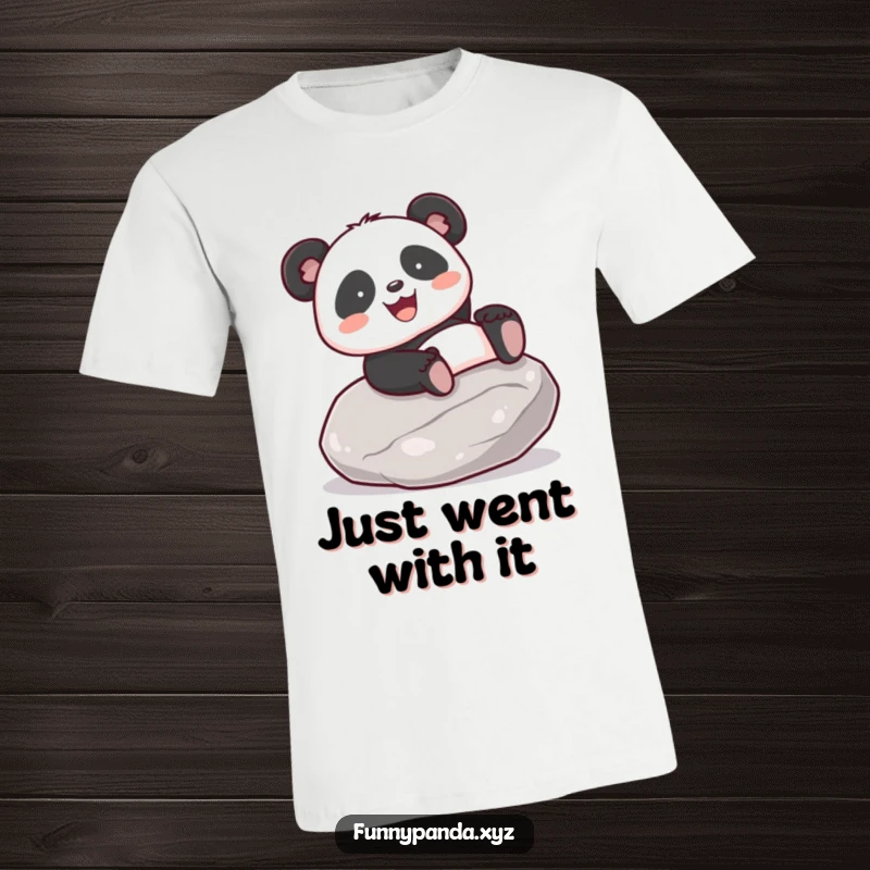 Joyful kawaii panda gleefully sliding down a smooth, polished stone, printed on a funny graphic tee.