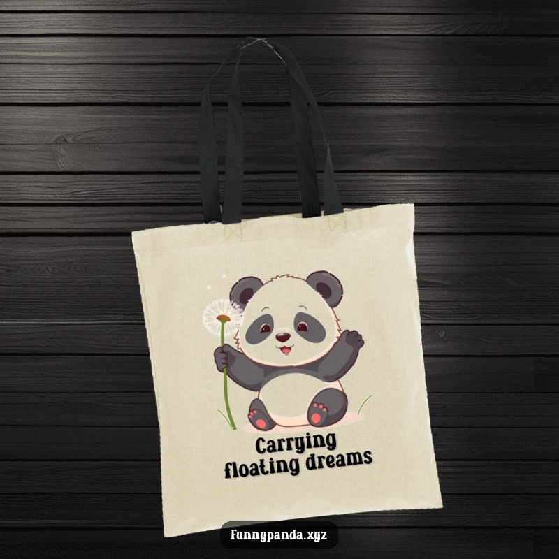 Delightful kawaii panda playfully swatting at floating, fluffy dandelion seeds, printed on a durable tote bag.