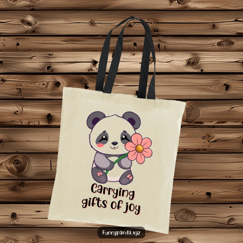 Shy kawaii panda offering a large stylized flower with a happy expression, printed on a durable tote bag.