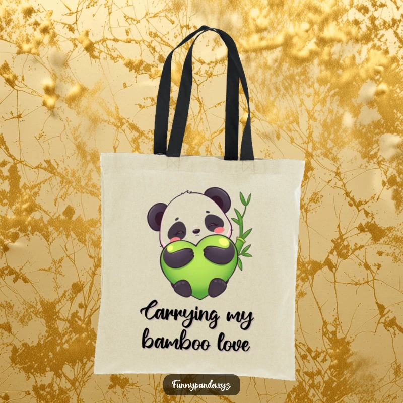 Funny kawaii panda hugging a giant bamboo heart, durable tote bag, cute, spacious, stylish, perfect funny gift.