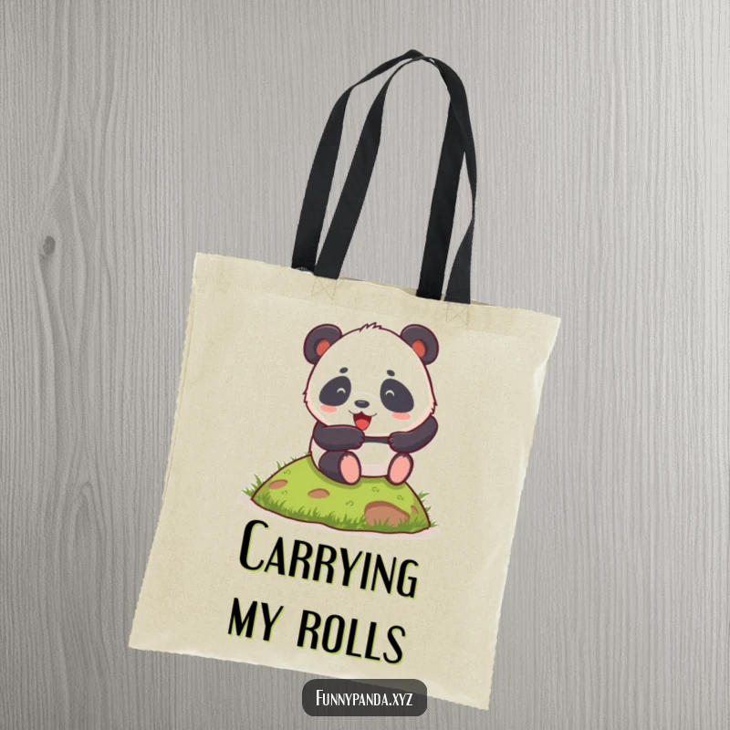 Funny chubby panda enthusiastically rolling down a small grassy hill on a tote bag, great for shopping.