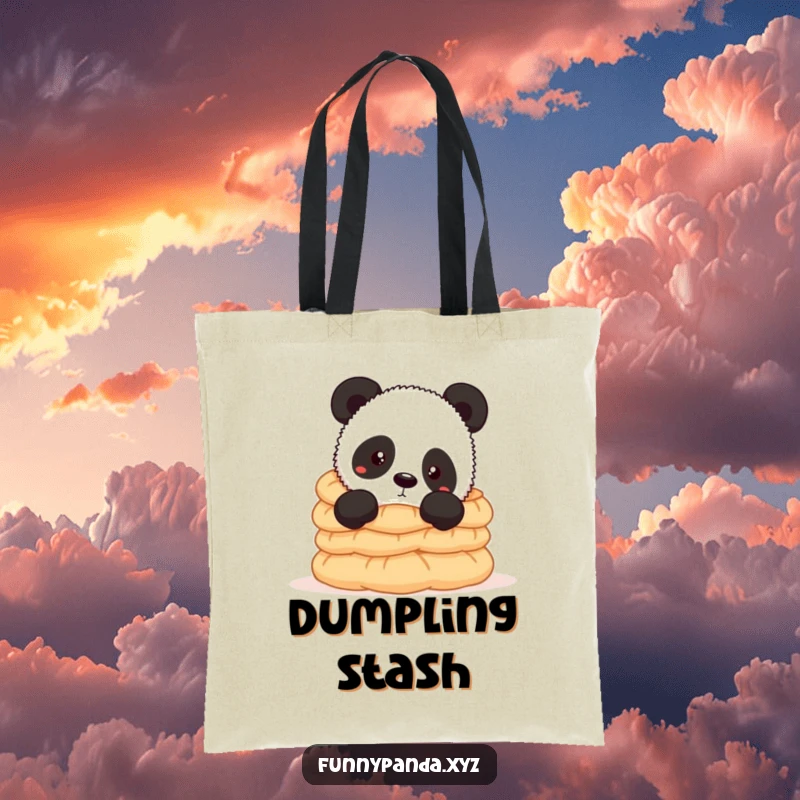 Funny panda tote bag featuring a curious panda peeking above a huge stack of delectable dumplings, perfect for carrying groceries with humor.