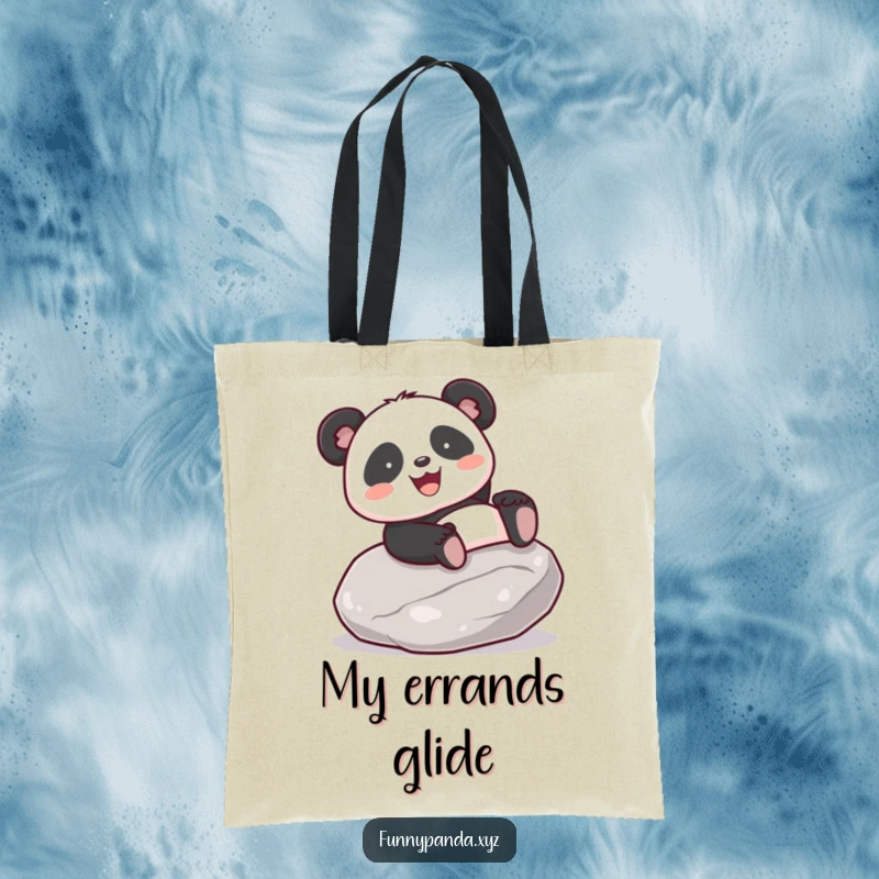 Funny kawaii panda gleefully sliding down a smooth, polished stone, printed on a durable tote bag.